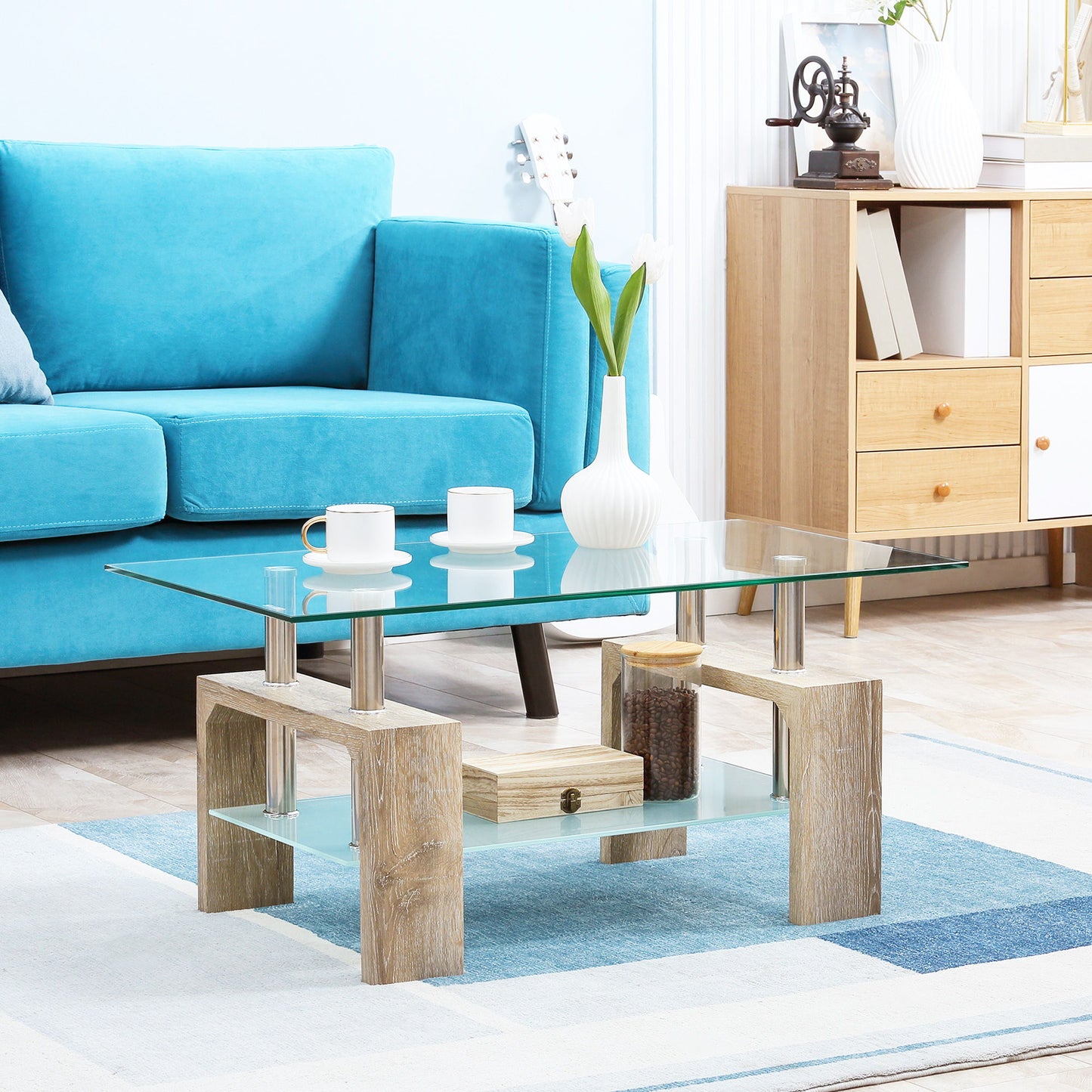 Rectangle Glass Coffee Table, 2-Tier Center Table with Tempered Glass Top and Storage Shelf for Living Room, Natural