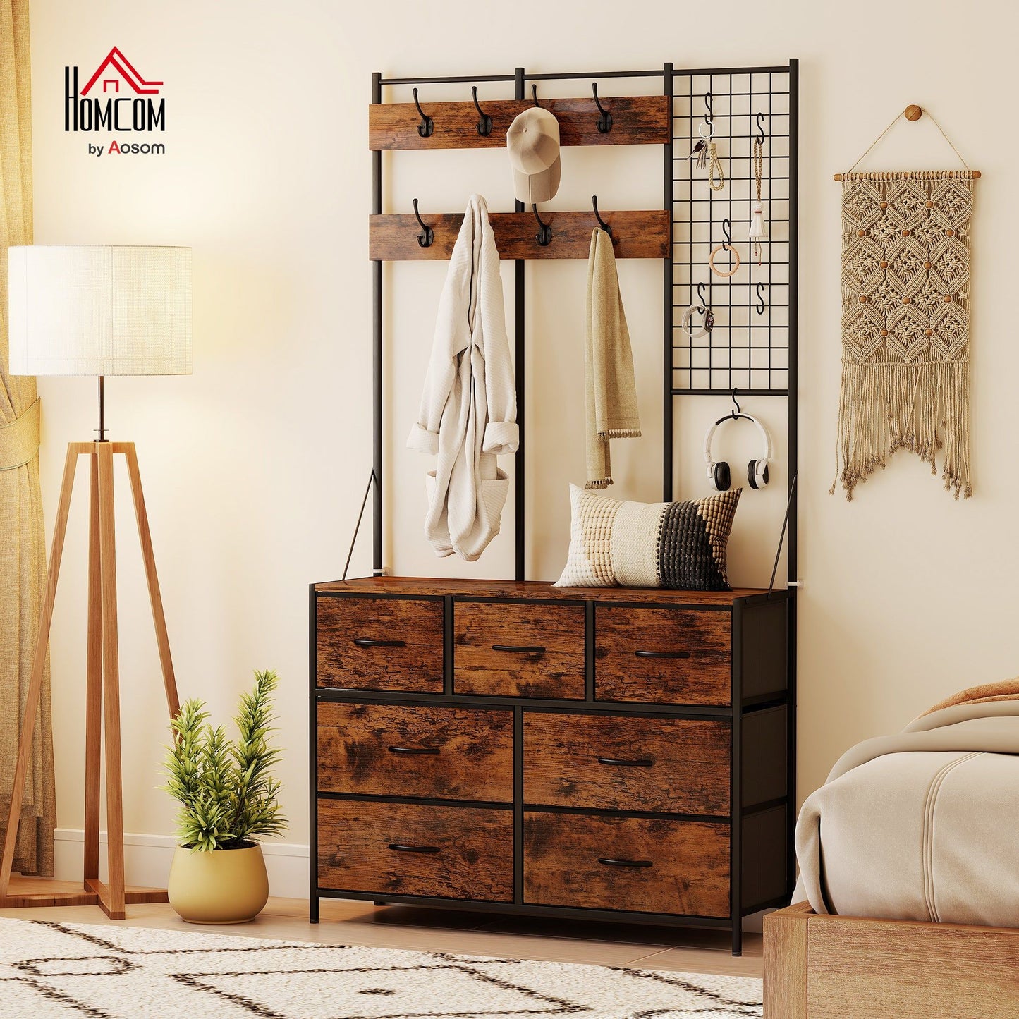 Hall Tree Coat Rack with 7-Drawer Dresser - Rustic Brown