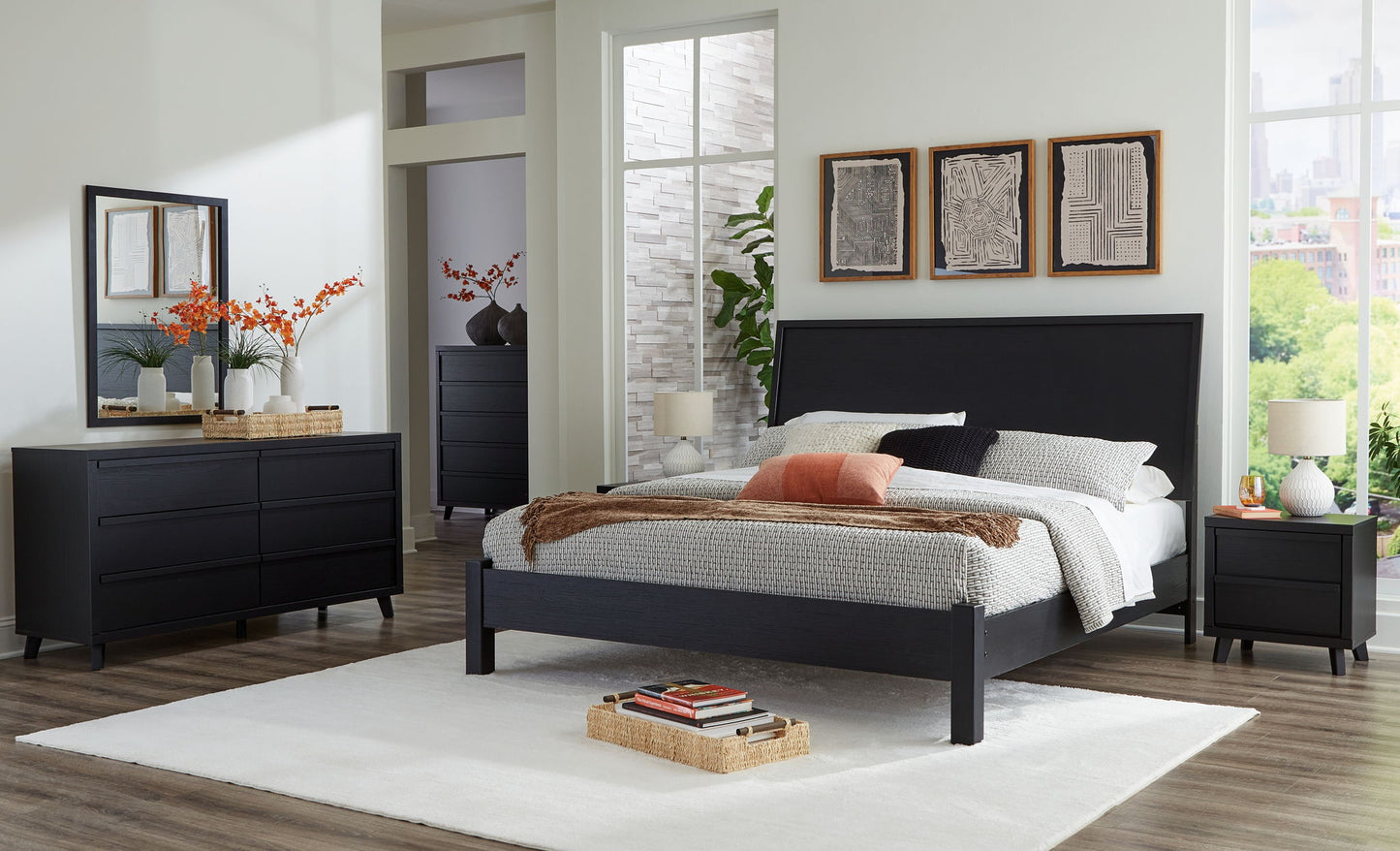 Danziar - 6 Pc. - Dresser, Mirror, Chest, King Panel Bed With Low Footboard - Black