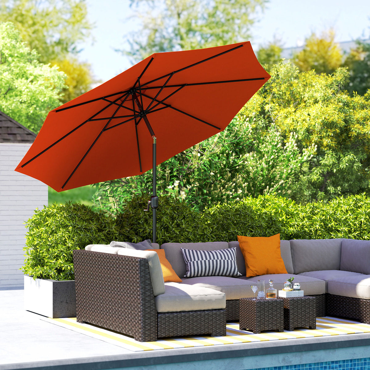 10' x 8' Round Market Umbrella, Patio Umbrella with Crank Handle and Tilt, Outdoor Parasol for Garden, Orange