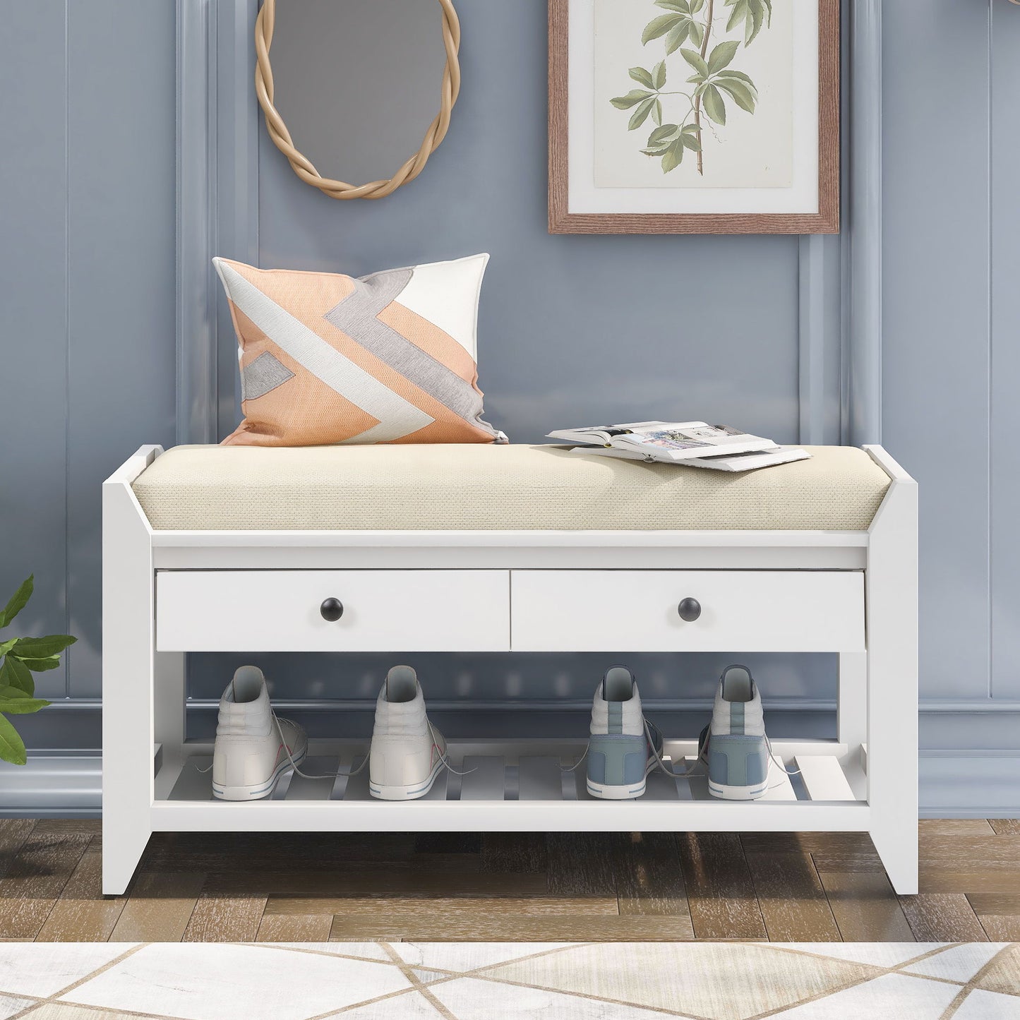 Multipurpose Entryway Storage Bench with Pine Wood Construction, Shoe Rack with Cushioned Seat and Drawers, 39" L x 14" W x 20" H, White