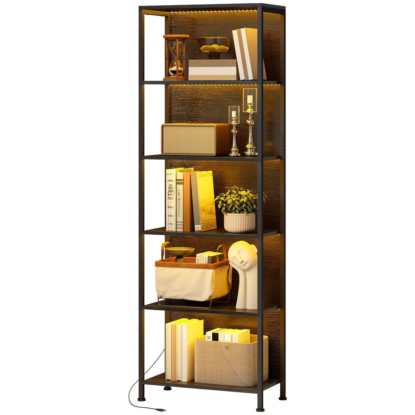 5-Tier Bookshelf with LED Lights - Black