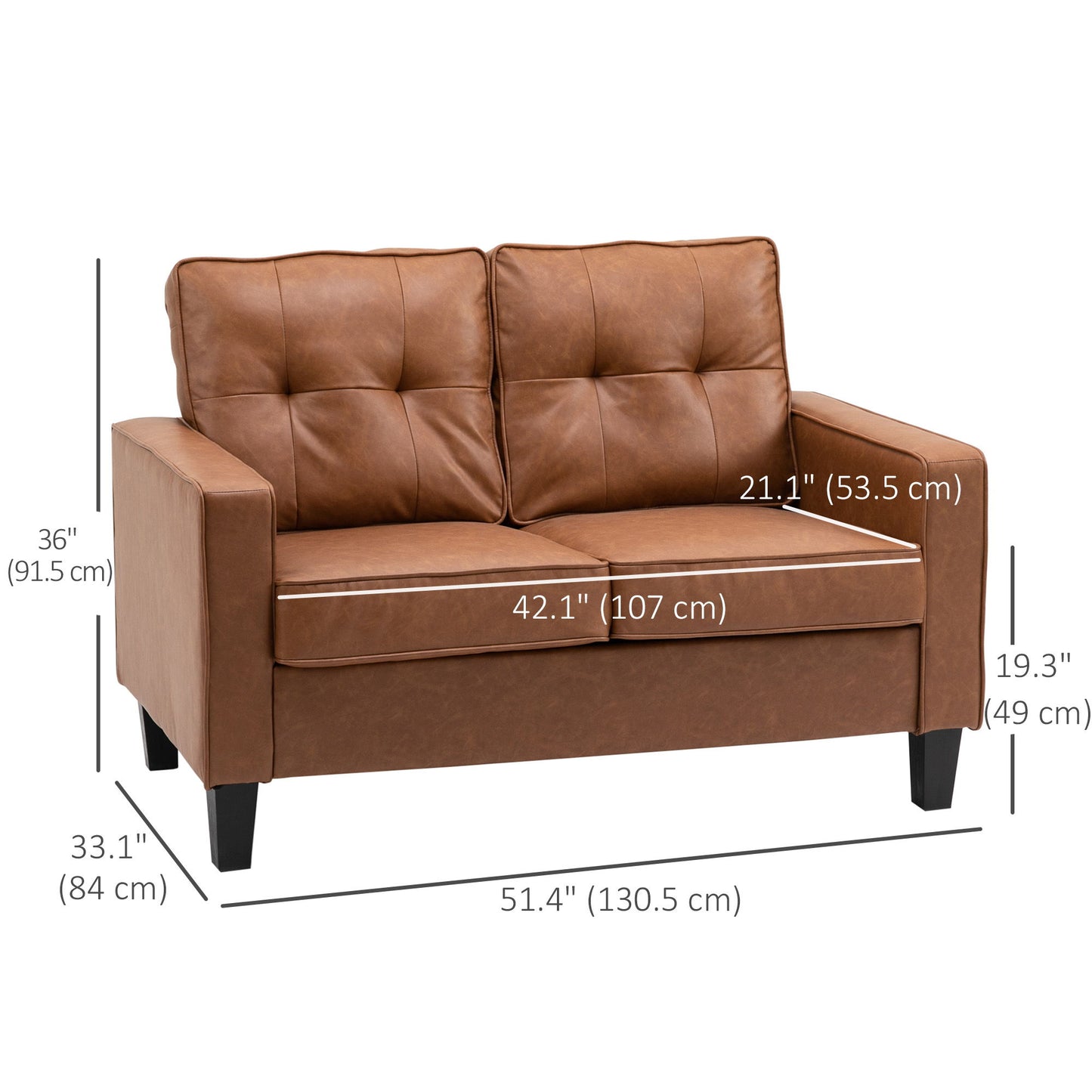51" PU Leather Loveseat, Upholstered Double Sofa Couch with Armrests, Tufted Backrest, Pocket Spring and Sponge Padded Cushion for Living Room, Bedroom, Home Office, Brown