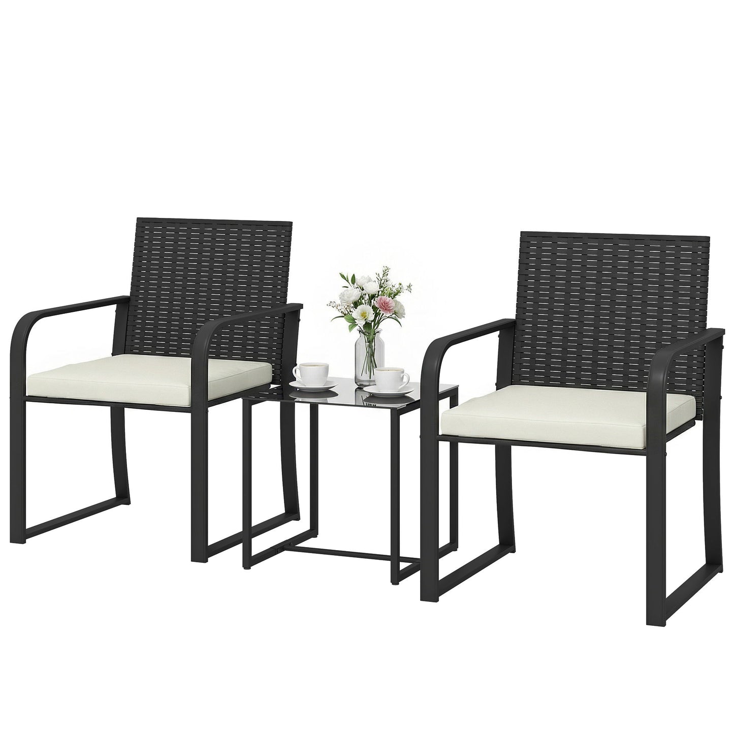 Outdoor Bistro Set, 3 Piece Wicker Patio Furniture with Mesh Seat, Glass Table, Cushions for Porch, Balcony, Cream White