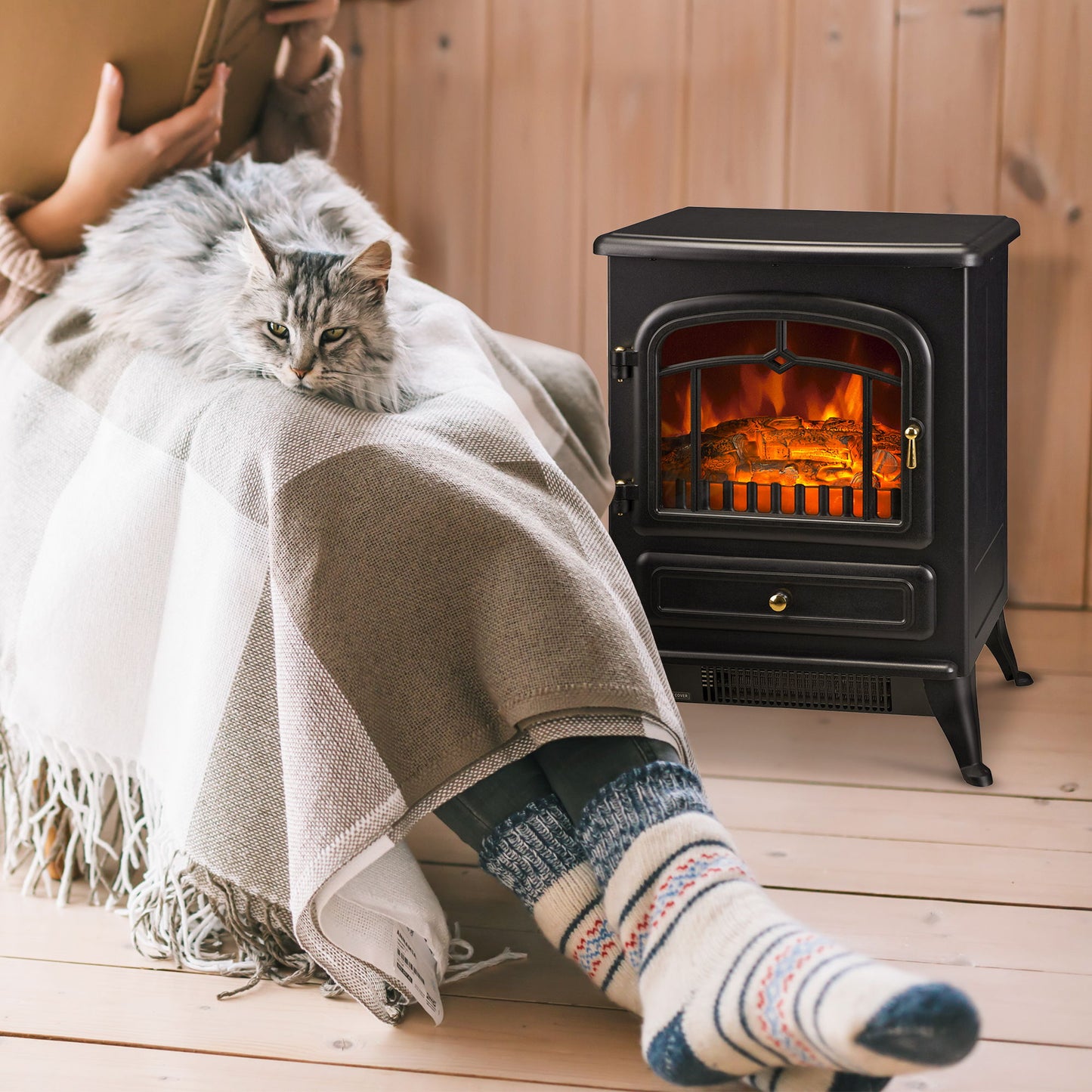 16" Freestanding Electric Fireplace Heater Fire Stove with Wood Burning Flame 750/1500W Black