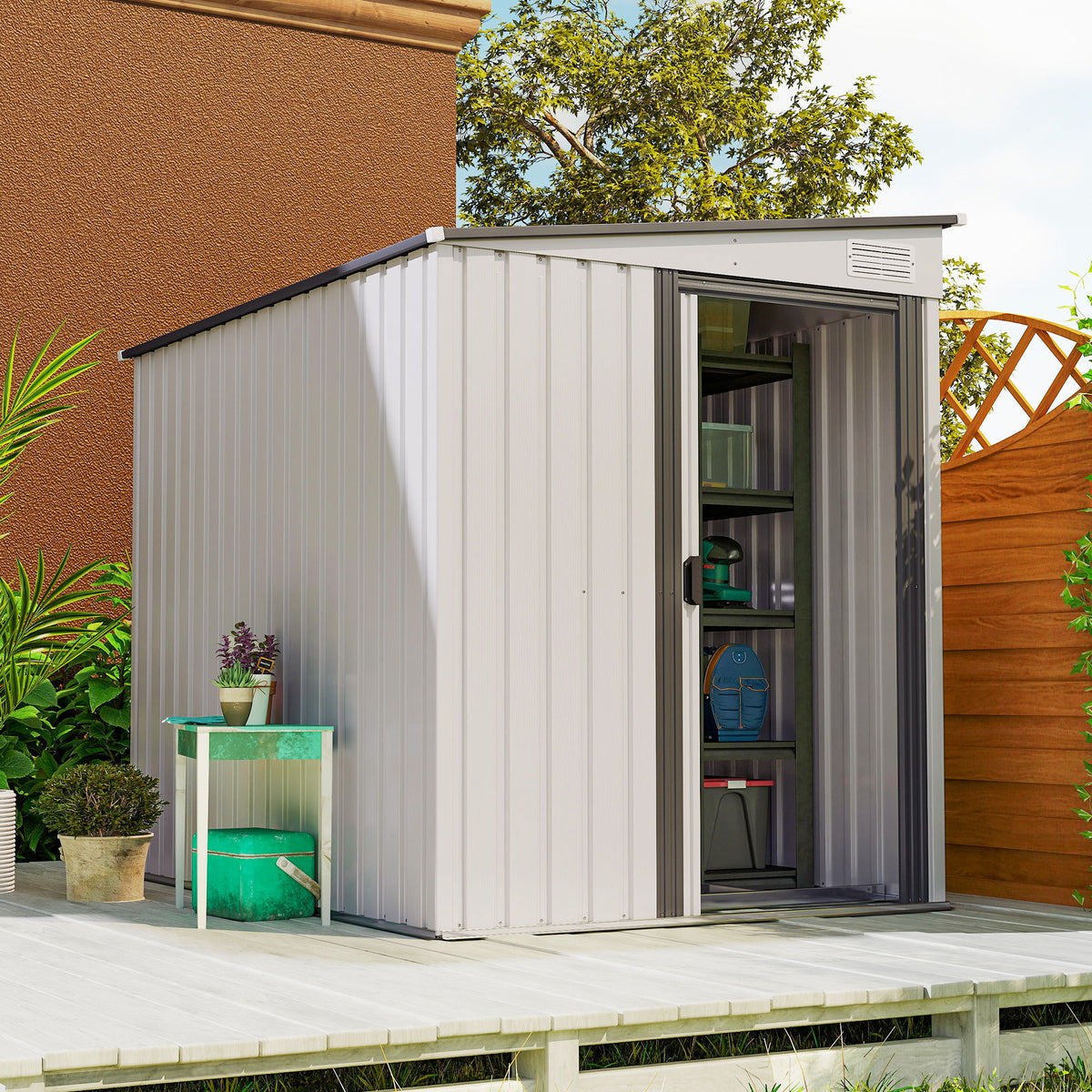 5x7 Garden Shed, Lean-to Metal Storage with Foundation, Sliding Door & 2 Vents for Garden Tools, White