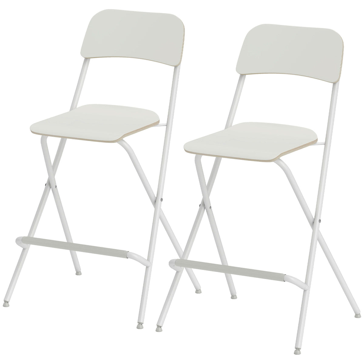 Folding Bar Stools Set of 2, Counter Height Foldable Stool with Wooden Effect Seat and Steel Frame for Kitchen, White