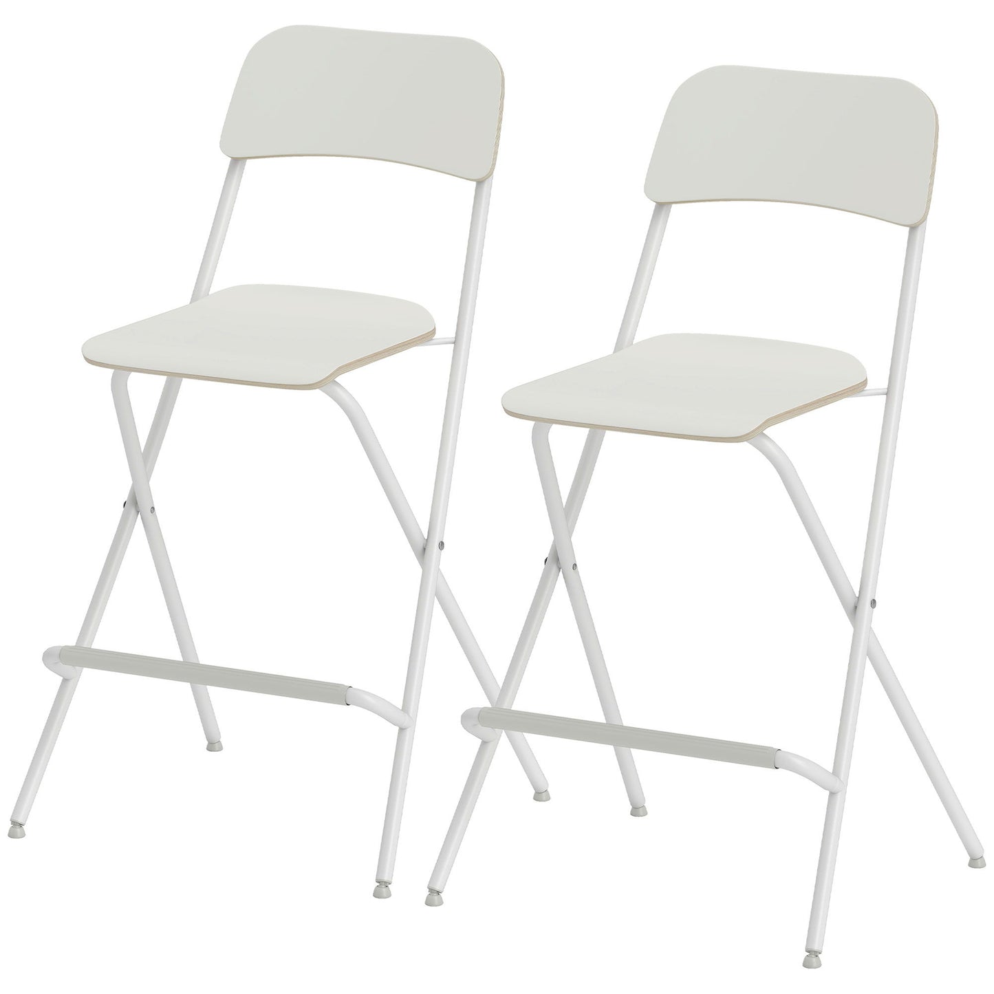 Folding Bar Stools Set of 2, Counter Height Foldable Stool with Wooden Effect Seat and Steel Frame for Kitchen, White