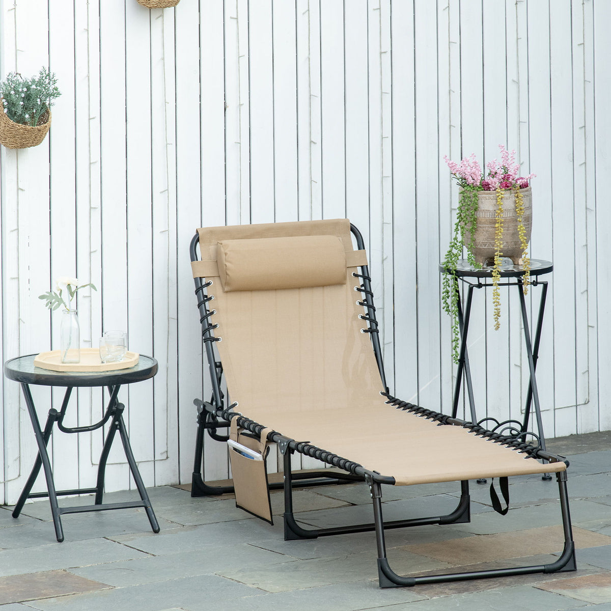 Outdoor Folding Chaise Lounge, Reclining Lounge Chair with Adjustable Backrest and Removable Pillow, Beige