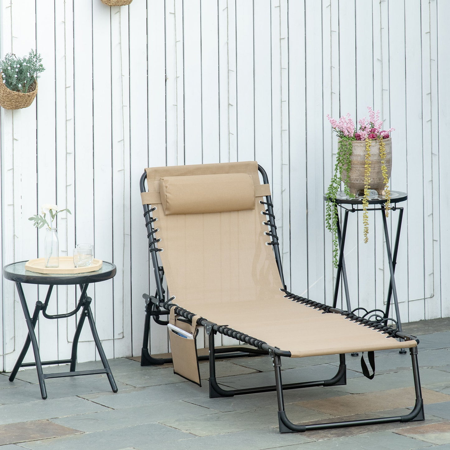 Outdoor Folding Chaise Lounge, Reclining Lounge Chair with Adjustable Backrest and Removable Pillow, Beige