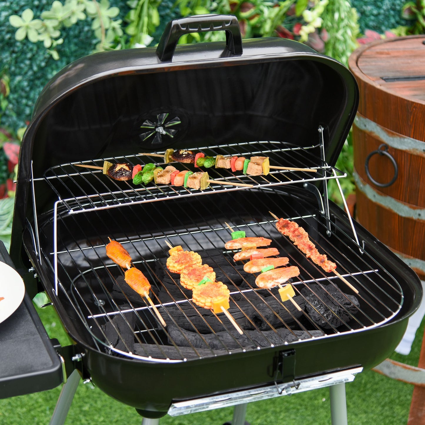 Charcoal BBQ Grill with Warming Rack & Storage Side Table, Portable Barbecue Smoker, 89 x 60 x 83 cm, Black