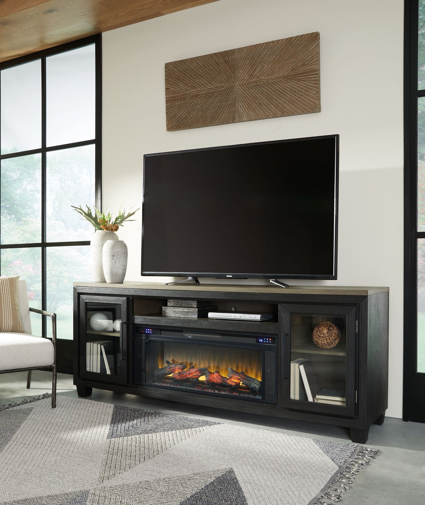 Foyland - Black / Brown - 83" TV Stand With Electric Infrared Fireplace Insert