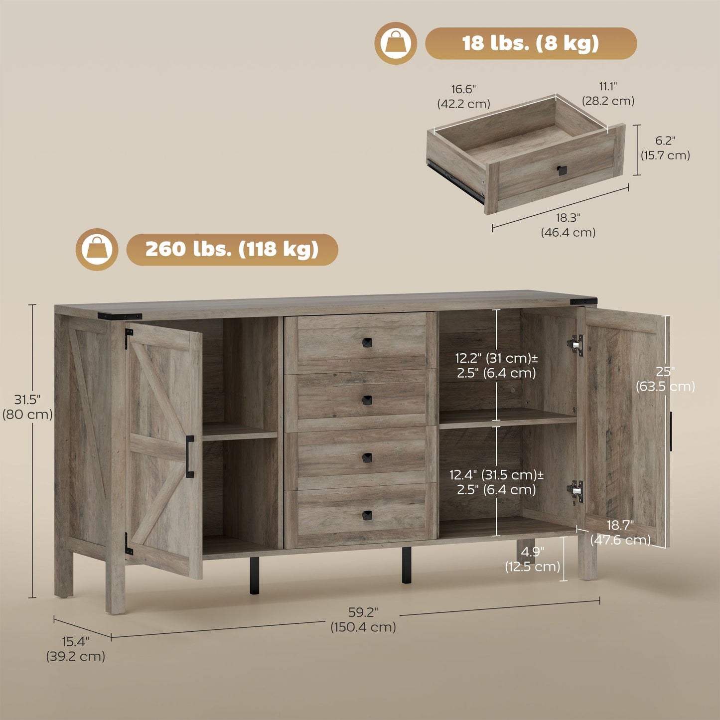 59" Farmhouse Buffet Cabinet with Barn Doors - Grey