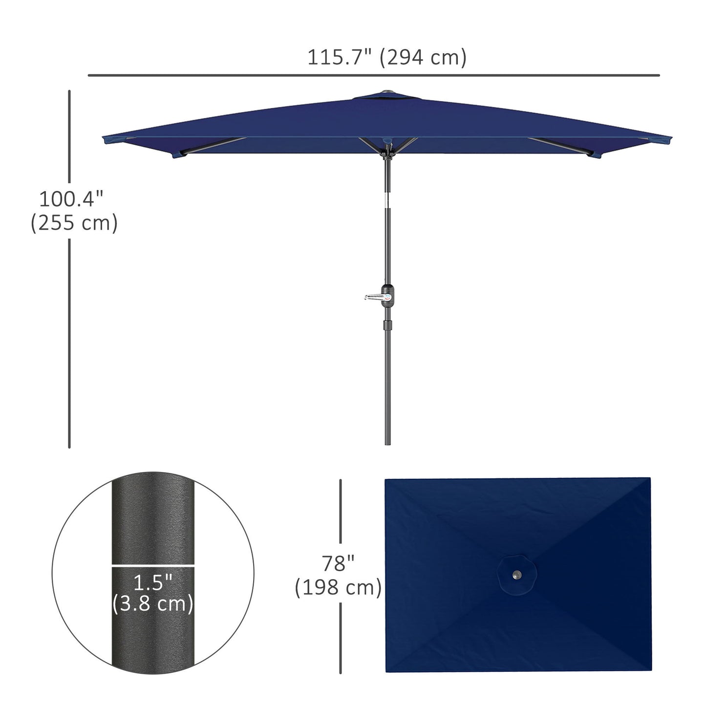 6.5x9.6ft Rectangle Aluminum Tilt Patio Umbrella, Garden Market Parasol, Outdoor Sunshade Canopy with Crank, Navy Blue