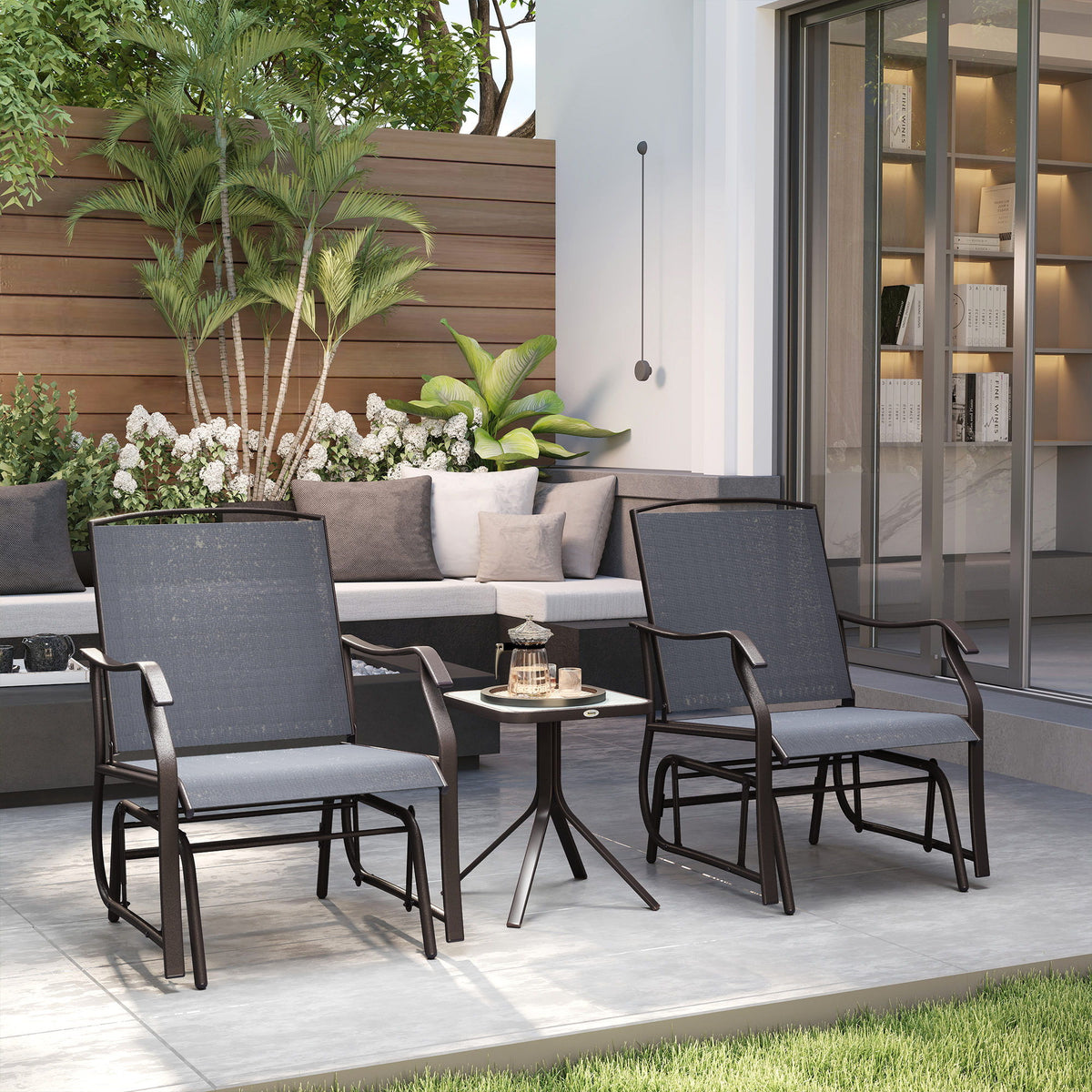3 Piece Patio Glider Set Outdoor Gliders with Breathable Mesh Seat, Glass Top Table for Garden, Yard, Grey