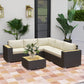 6 Pieces Outdoor Rattan Patio Furniture Set with Corner Sofa, Wood-Plastic Coffee Table, Light Khaki
