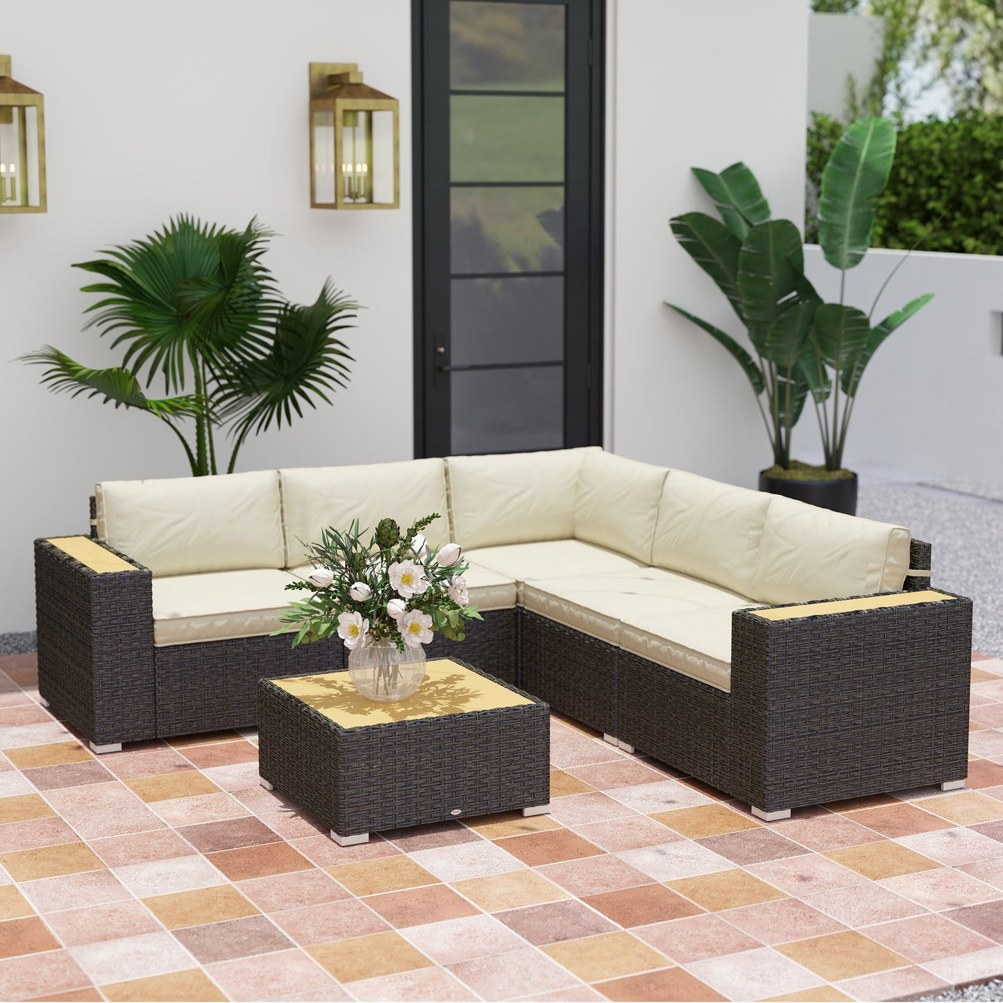 6 Pieces Outdoor Rattan Patio Furniture Set with Corner Sofa, Wood-Plastic Coffee Table, Light Khaki