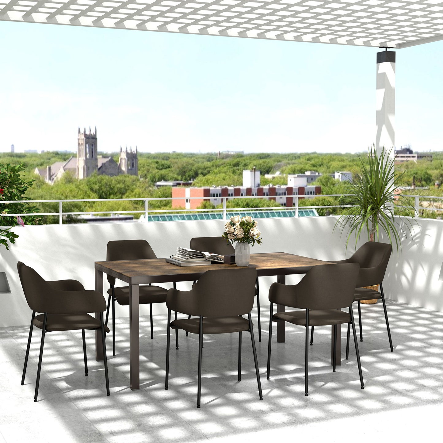 63"-94.5" Extendable Patio Dining Table for 6-8 Person, Outdoor Dining Table with Aluminium Edging, Steel Frame, Brown