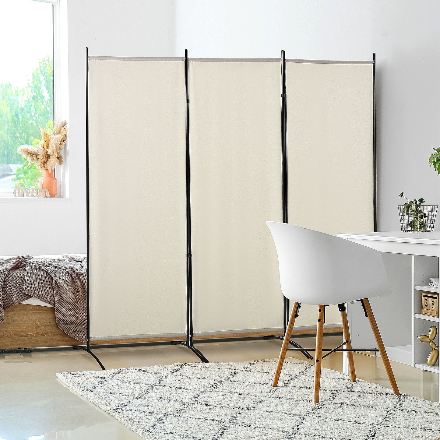 6' 3 Panel Room Divider, Double Hinged Folding Wall Divider, Indoor Privacy Screen for Home Office, Beige