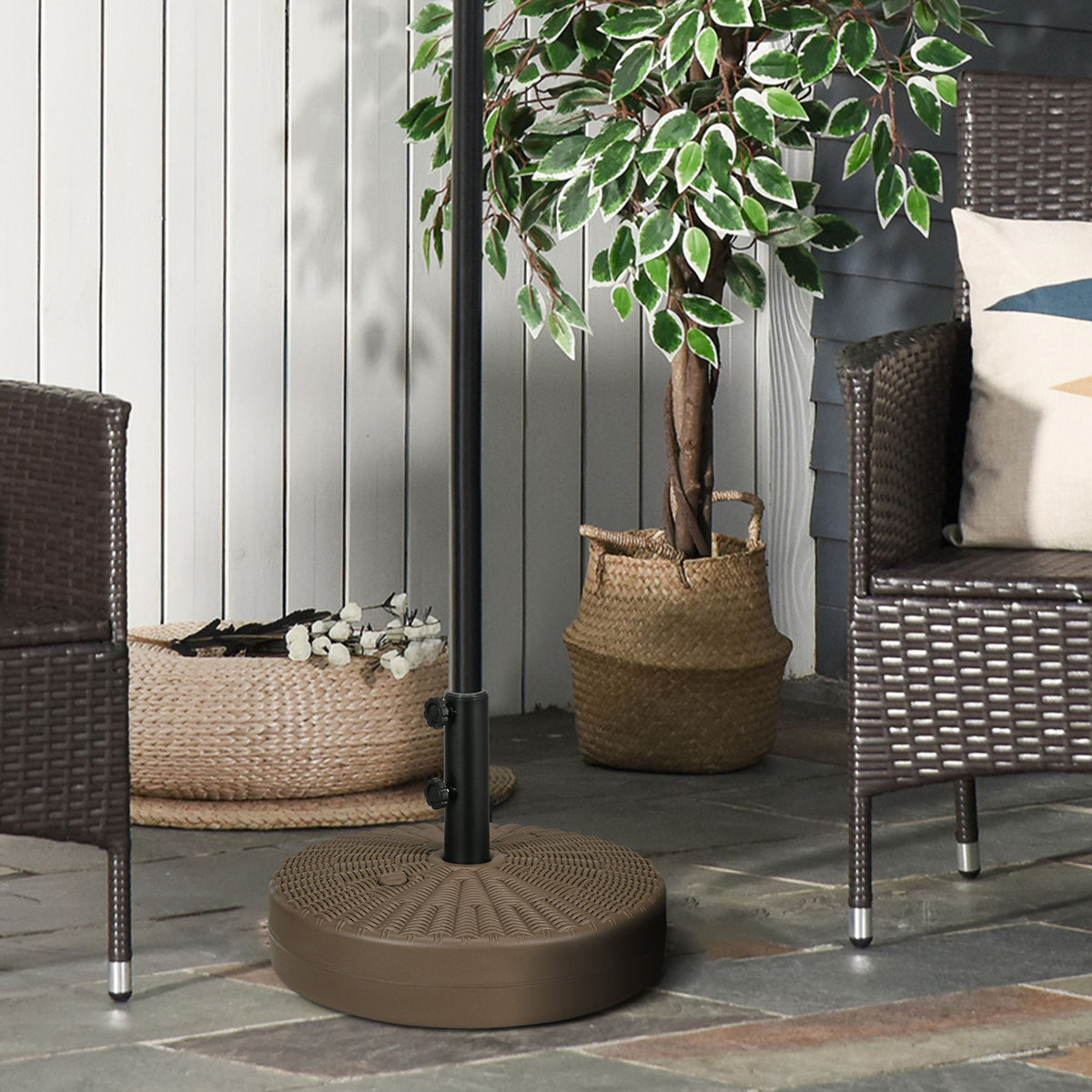 Umbrella Base, Heavy Duty Fillable Base Holder with Steel Pole, Round Parasol Stand for Patio, Outdoor, Backyard, Brown