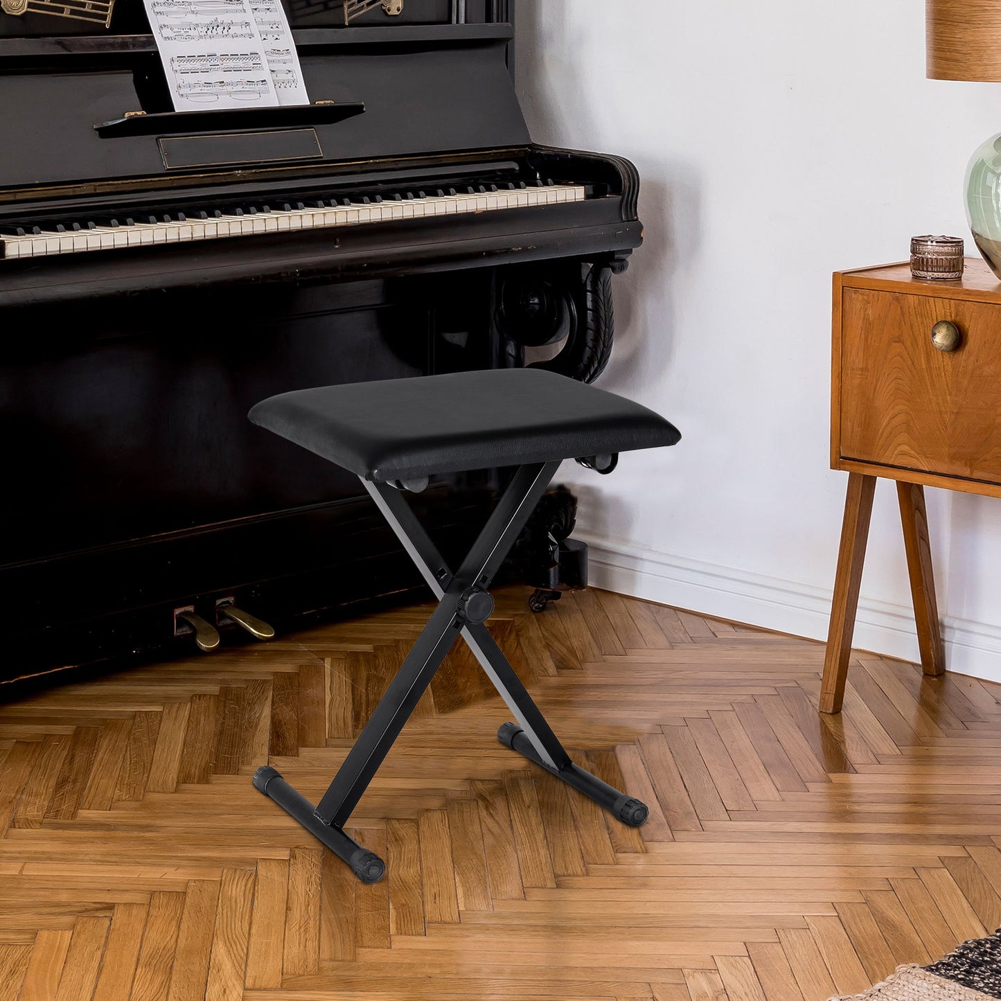 Adjustable Piano Bench, X-Style Folding Piano Stool with Padded Seat, Non-Slip Rubber Feet, Keyboard Chair, Black