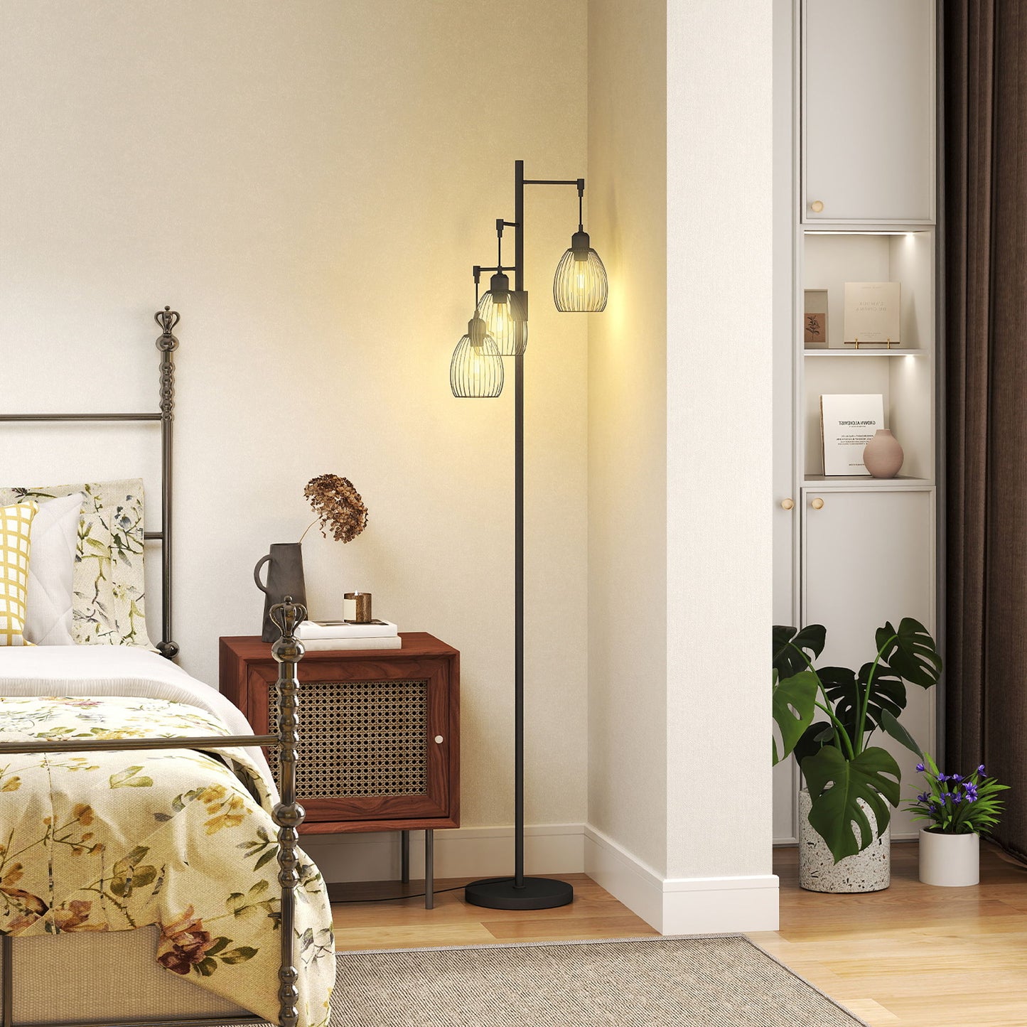 Industrial Floor Lamp with 3 Hanging Wire Lampshades, Dimmable Standing Lamp for Living Room, Bedroom, Dining Room, Study, Black