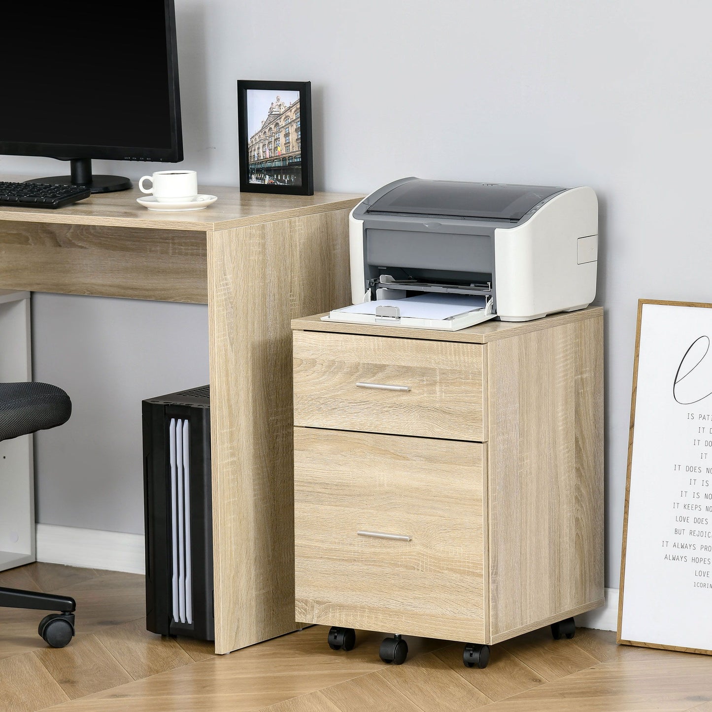 Mobile Filing Cabinet, Vertical File Cabinet with 2 Drawers, Wheels, for Letter or A4 File, Natural