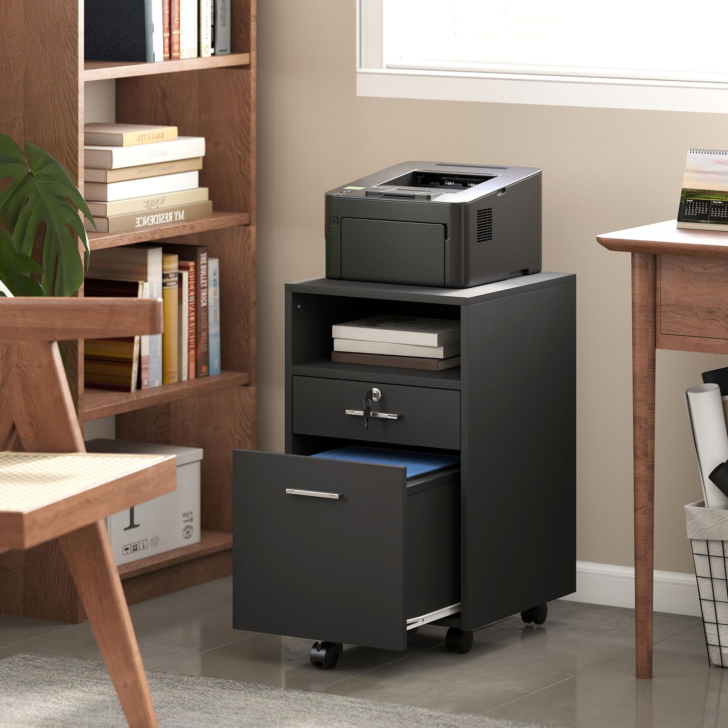 Small Filing Cabinet with 2 Drawers, Lockable Home Office Storage Cabinets on Wheels for A4, Letter Size, Black