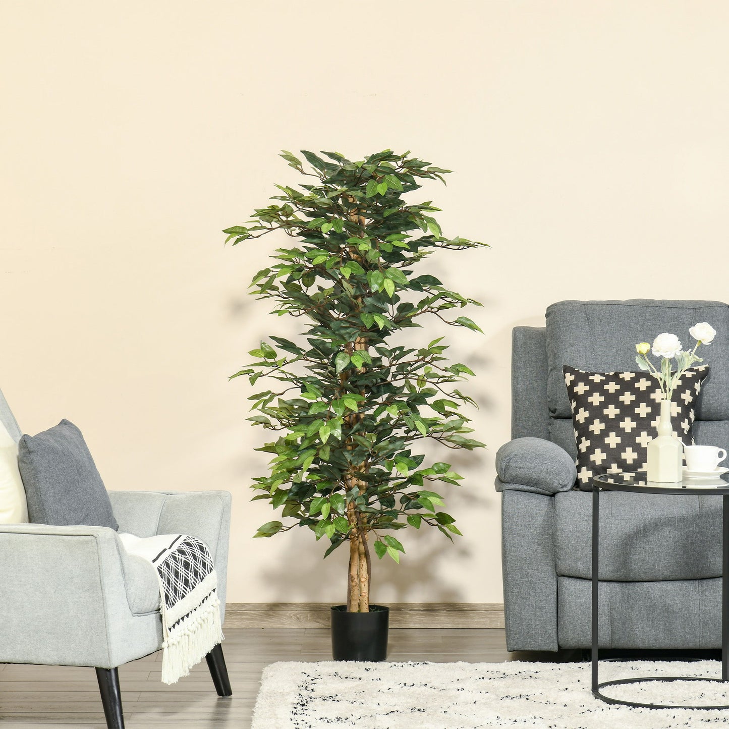 5FT Artificial Ficus Tree, Fake Tree with Leaves, Faux Plant in Nursery Pot for Indoor Decoration