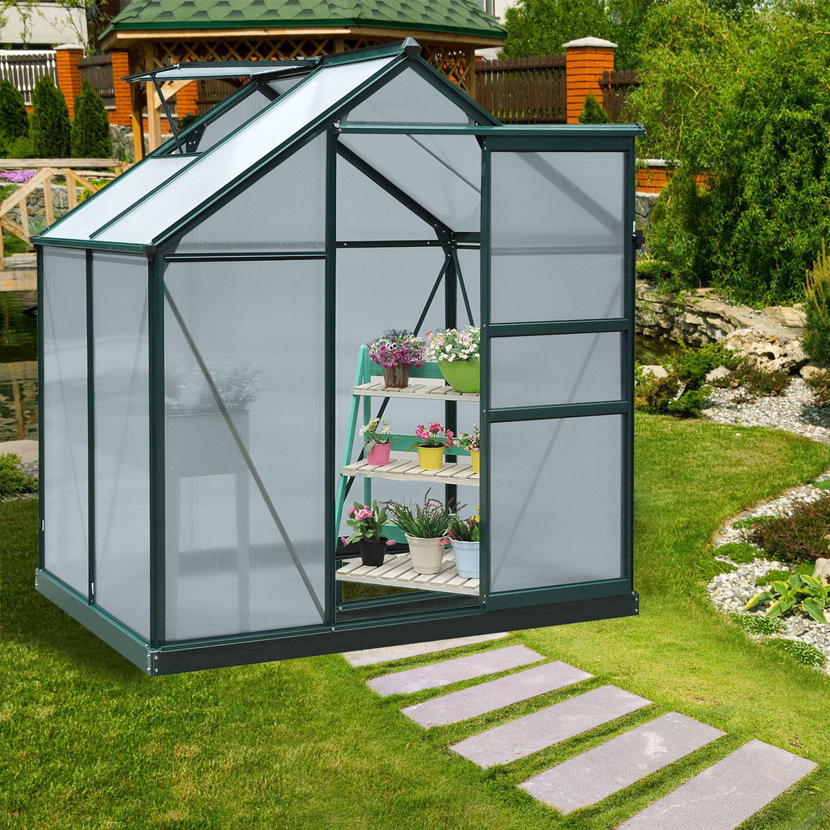 6.2' x 4.3' x 6.6' Clear Polycarbonate Greenhouse Large Walk-In Green House Garden Plants Grow Galvanized Base Aluminium Frame w/ Slide Door