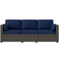 3-Seater Outdoor Sofa with Cushions, PE Rattan Conversation Patio Couch with Pillows for Garden, Poolside, Blue/Brown