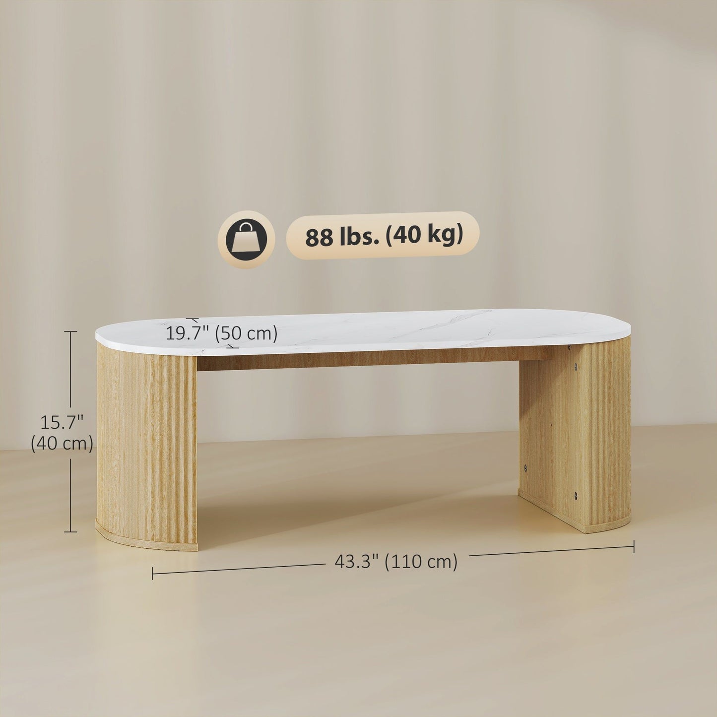 Marble-Effect Coffee Table with Round Corners - Natural Wood