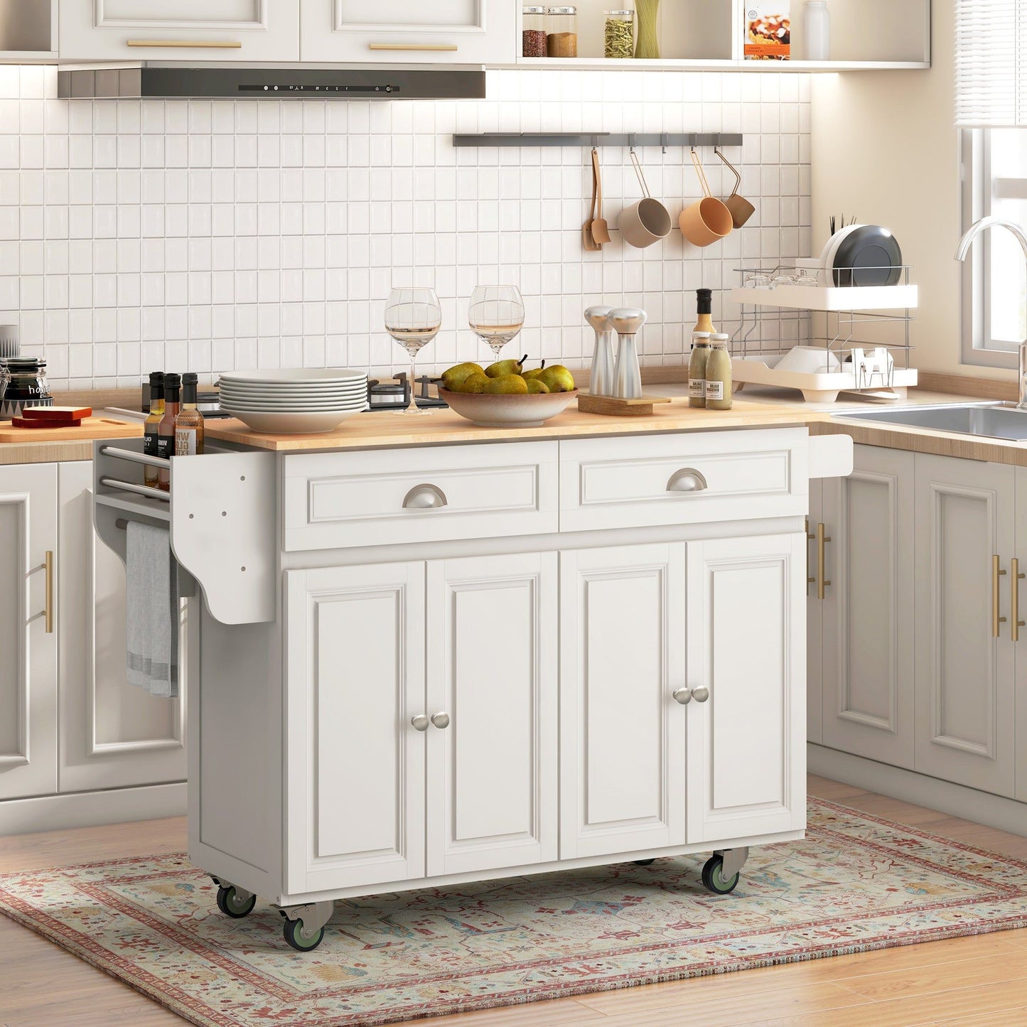 Rolling Kitchen Island with Drop Leaf - Cream White
