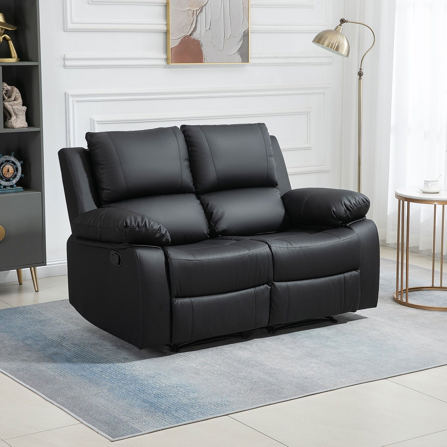 Double Reclining Loveseat, PU Leather Manual Recliner Sofa Chair with Thick Backrest, Padded Armrests, Footrest for Living Room, Black
