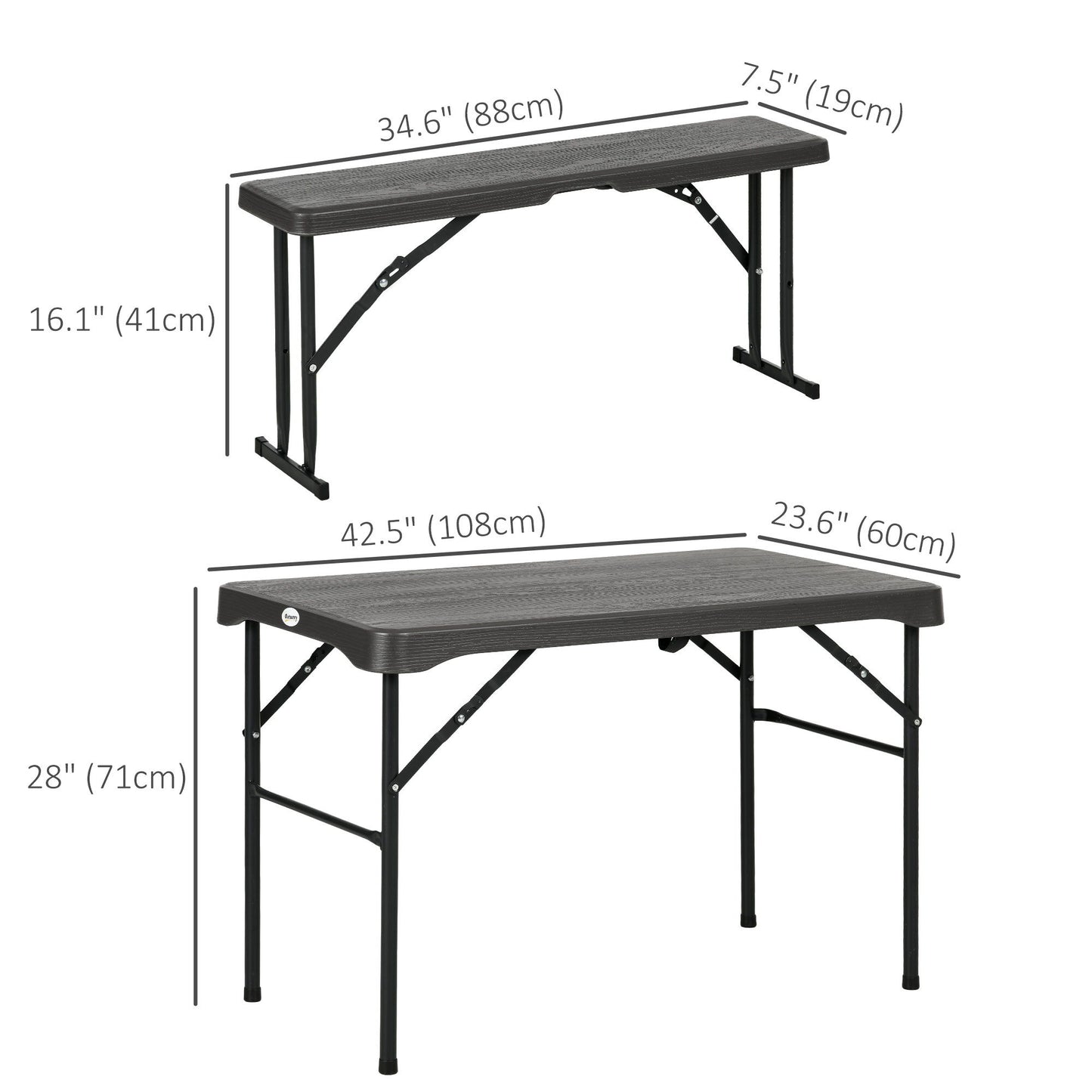 Folding Picnic Table with 2 Benches, 3-Piece Portable Outdoor Picnic Table Bench Set for 4, Patio Dining Table Set with Plastic Top, Steel Frame for Garden, Dark Grey