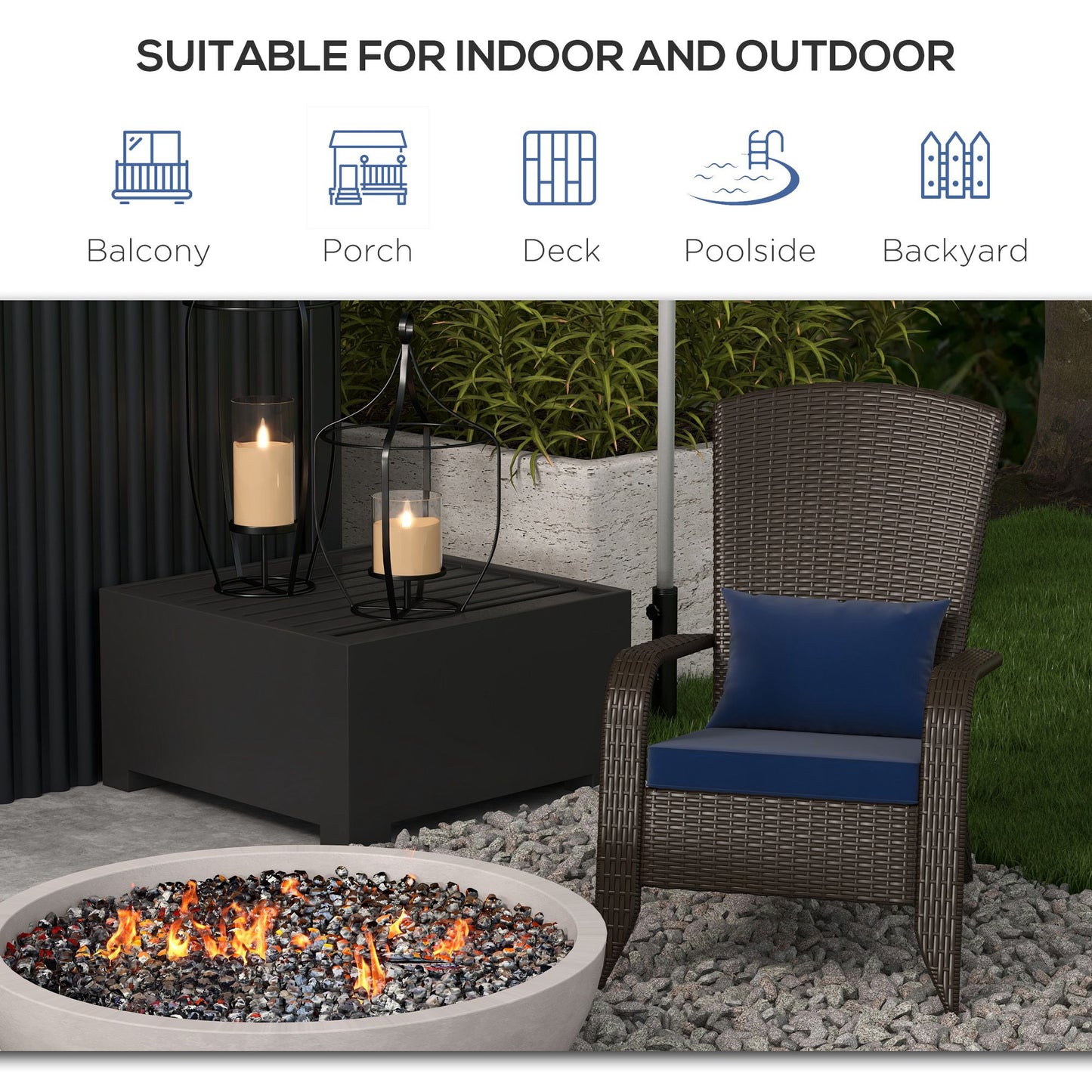 Patio Wicker Adirondack Chair, Outdoor Rattan Muskoka Chair with Cushions for Patio, Garden, Backyard Dark Blue
