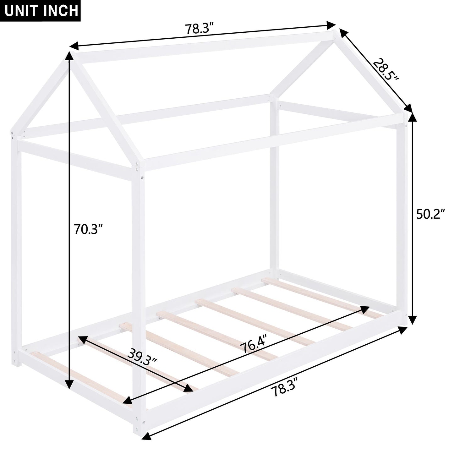 Twin Size Wooden House Bed with Pine Wood and MDF Construction, Bed Frame Perfect for Easy Assembly, 78.5" L x 42.5" W x 70.5" H, White