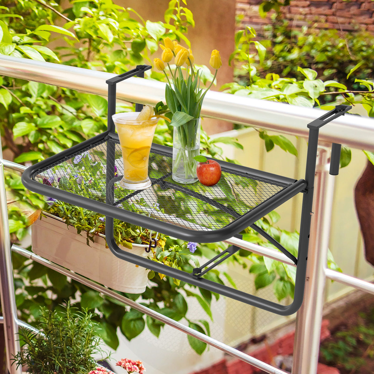 Adjustable Balcony Hanging Railing Table, Metal Mounting Mini Wall Desk Storage Rack, Outdoor Flower Stand Serving Table Rectangle, Black
