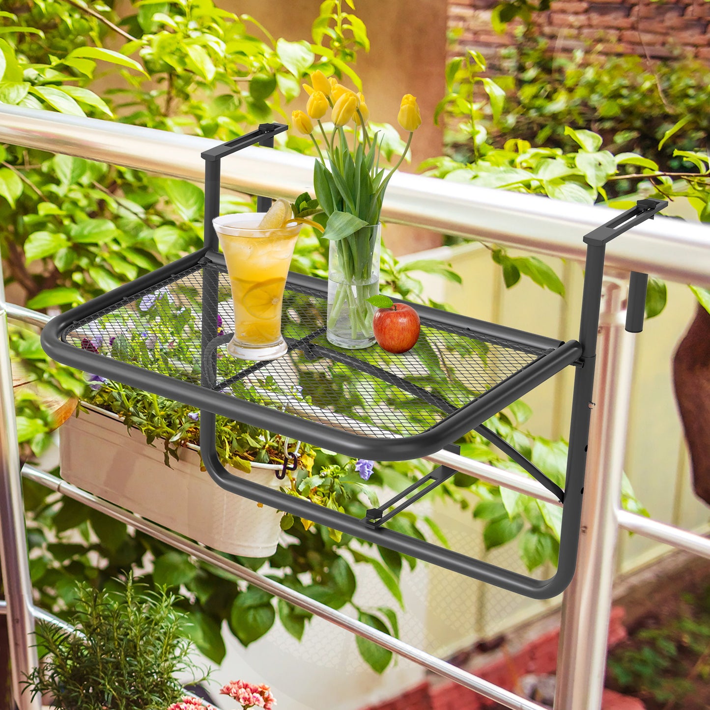 Adjustable Balcony Hanging Railing Table, Metal Mounting Mini Wall Desk Storage Rack, Outdoor Flower Stand Serving Table Rectangle, Black