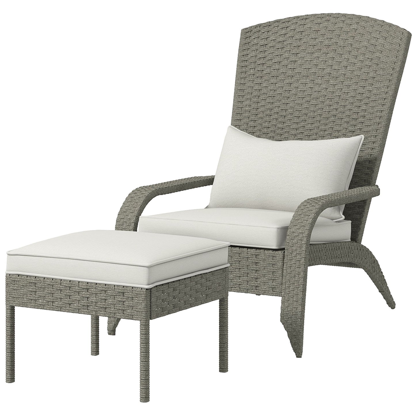 Wicker Adirondack Chair with Ottoman, Patio Cushioned Muskoka Chair, Outdoor Fire Pit Chair with High-back and Armrests, for Deck, Garden, Backyard, Grey/Cream White
