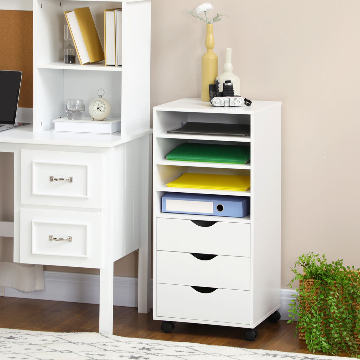 Vertical Filing Cabinet, Mobile File Cabinet on Wheels with 3 Drawers and 4 Open Shelves, Printer Stand with Lockable Casters for Home Office, White