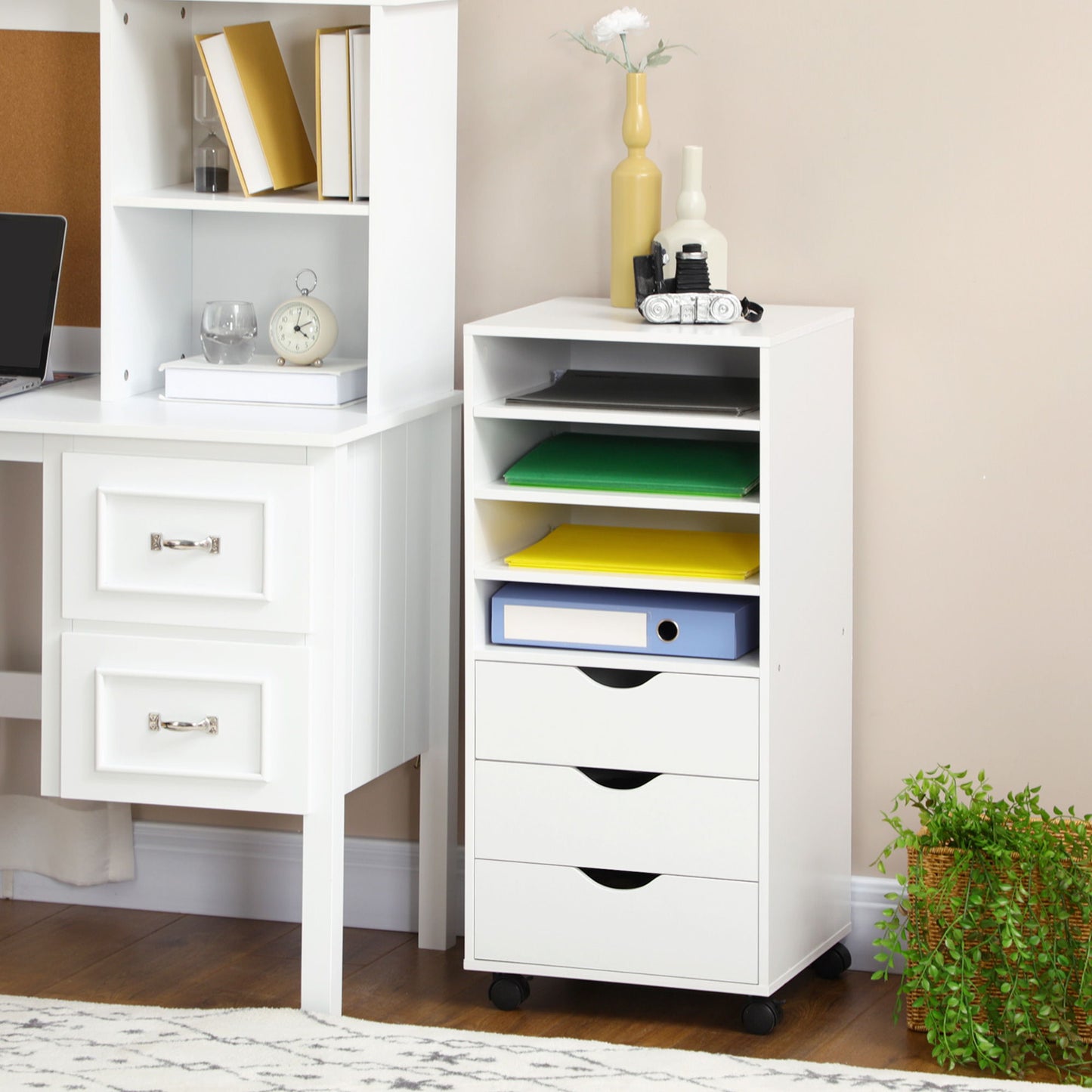 Vertical Filing Cabinet, Mobile File Cabinet on Wheels with 3 Drawers and 4 Open Shelves, Printer Stand with Lockable Casters for Home Office, White