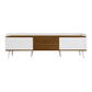 TV Stand with Three Doors and Sturdy Wooden Legs, Raised Edge for Safety, Easy to Install, 63" L x 15.5" W x 19.5" H, White+Natural
