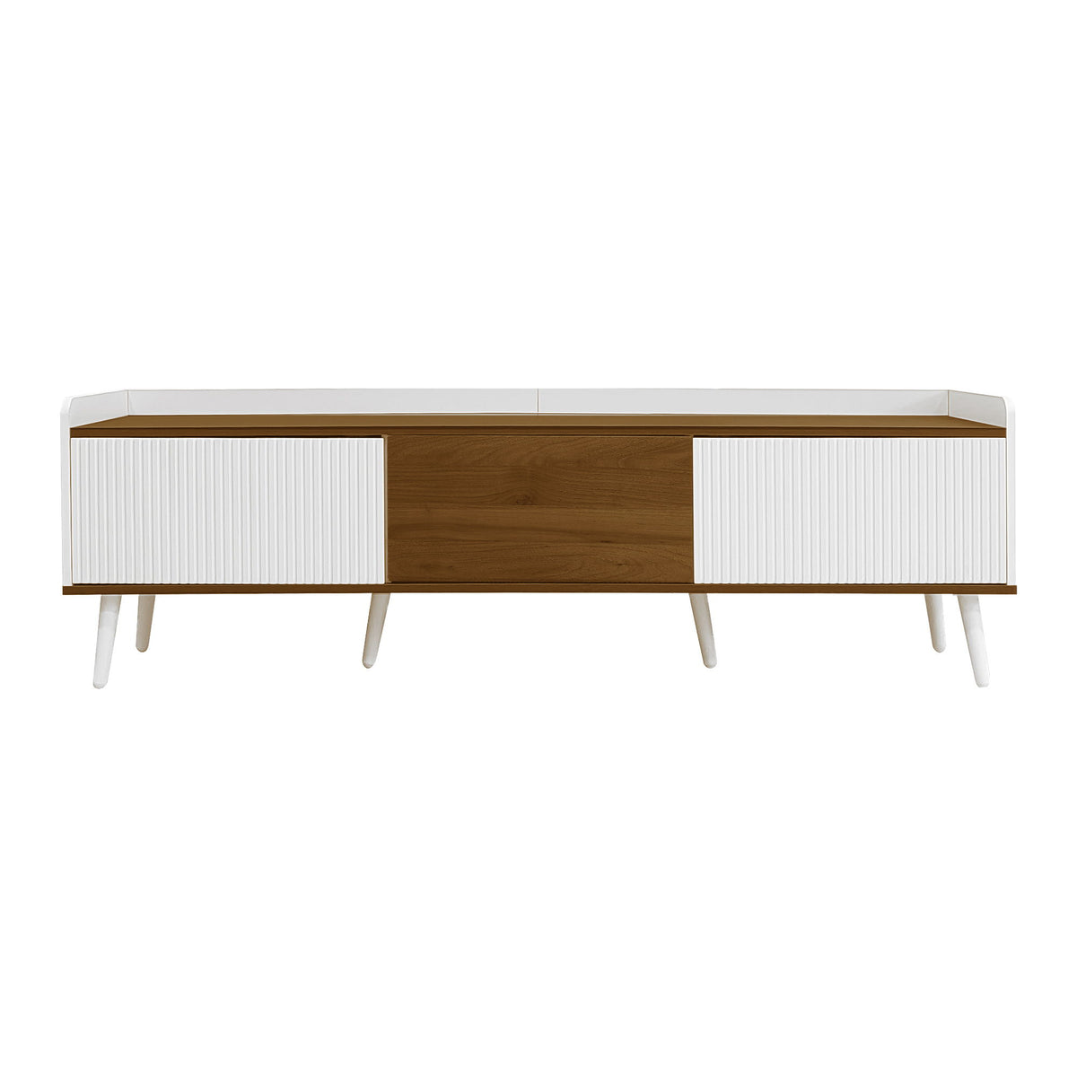 TV Stand with Three Doors and Sturdy Wooden Legs, Raised Edge for Safety, Easy to Install, 63" L x 15.5" W x 19.5" H, White+Natural