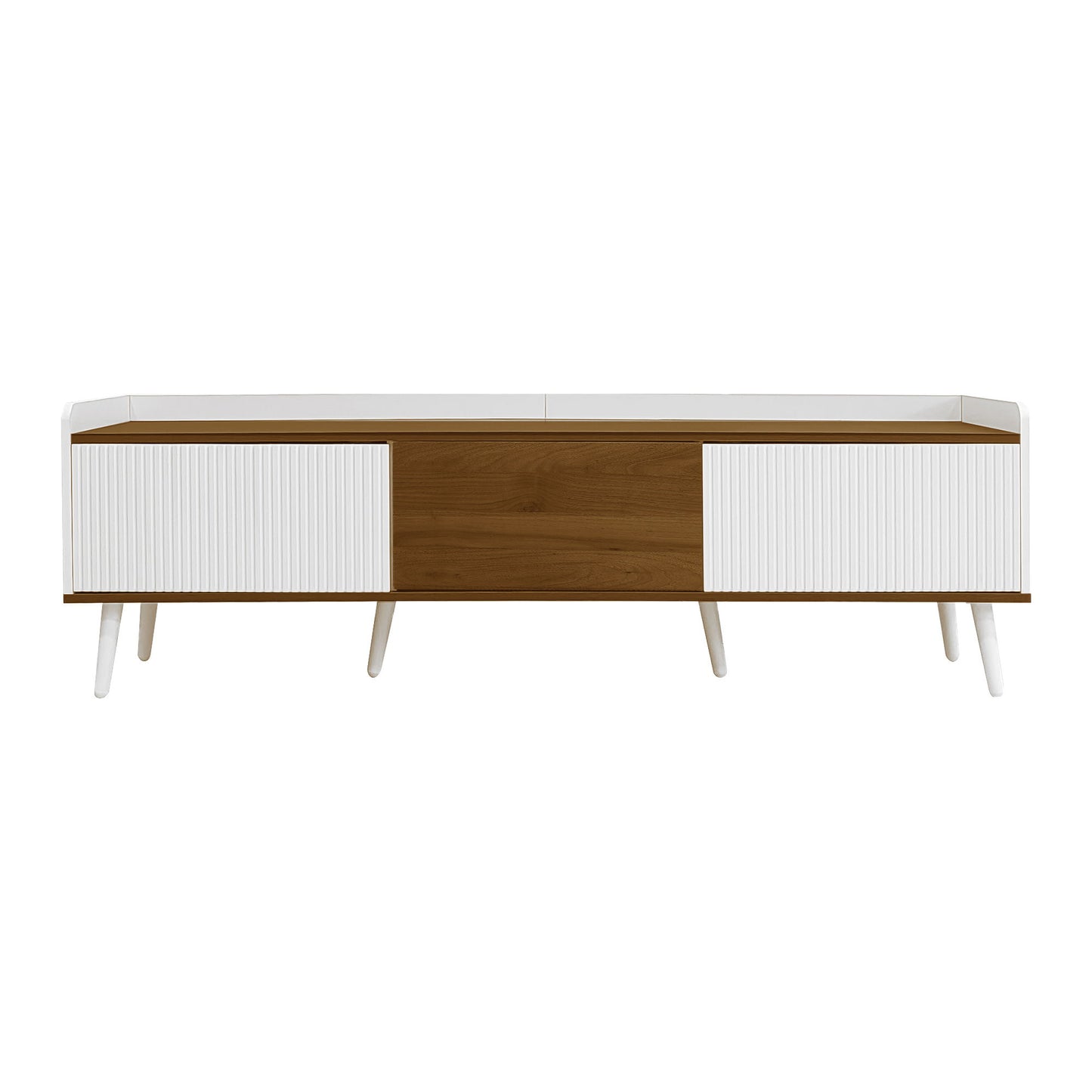 TV Stand with Three Doors and Sturdy Wooden Legs, Raised Edge for Safety, Easy to Install, 63" L x 15.5" W x 19.5" H, White+Natural