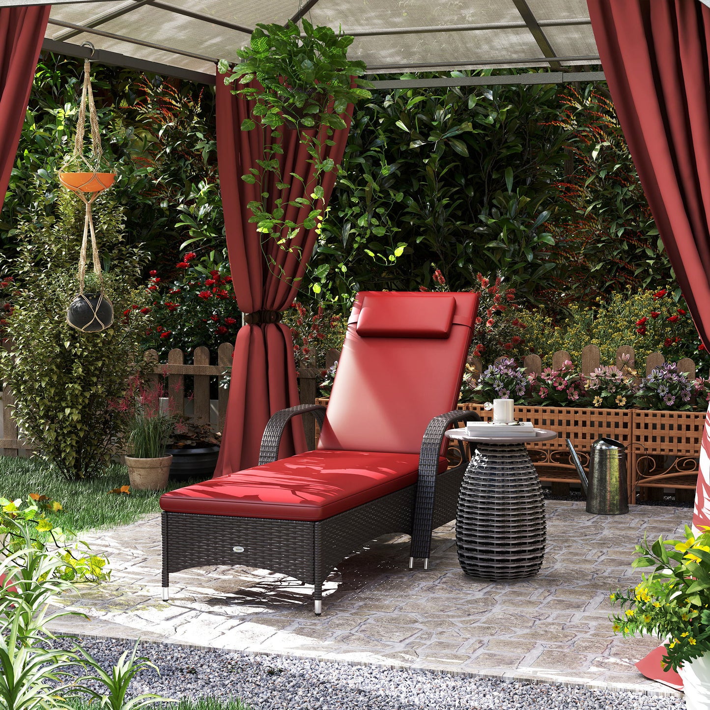 Outdoor Lounger, Deck Lounge Chair with Headrest, 5-Level Adjustable, Backrest, Wheels, Deep Coffee and Wine Red