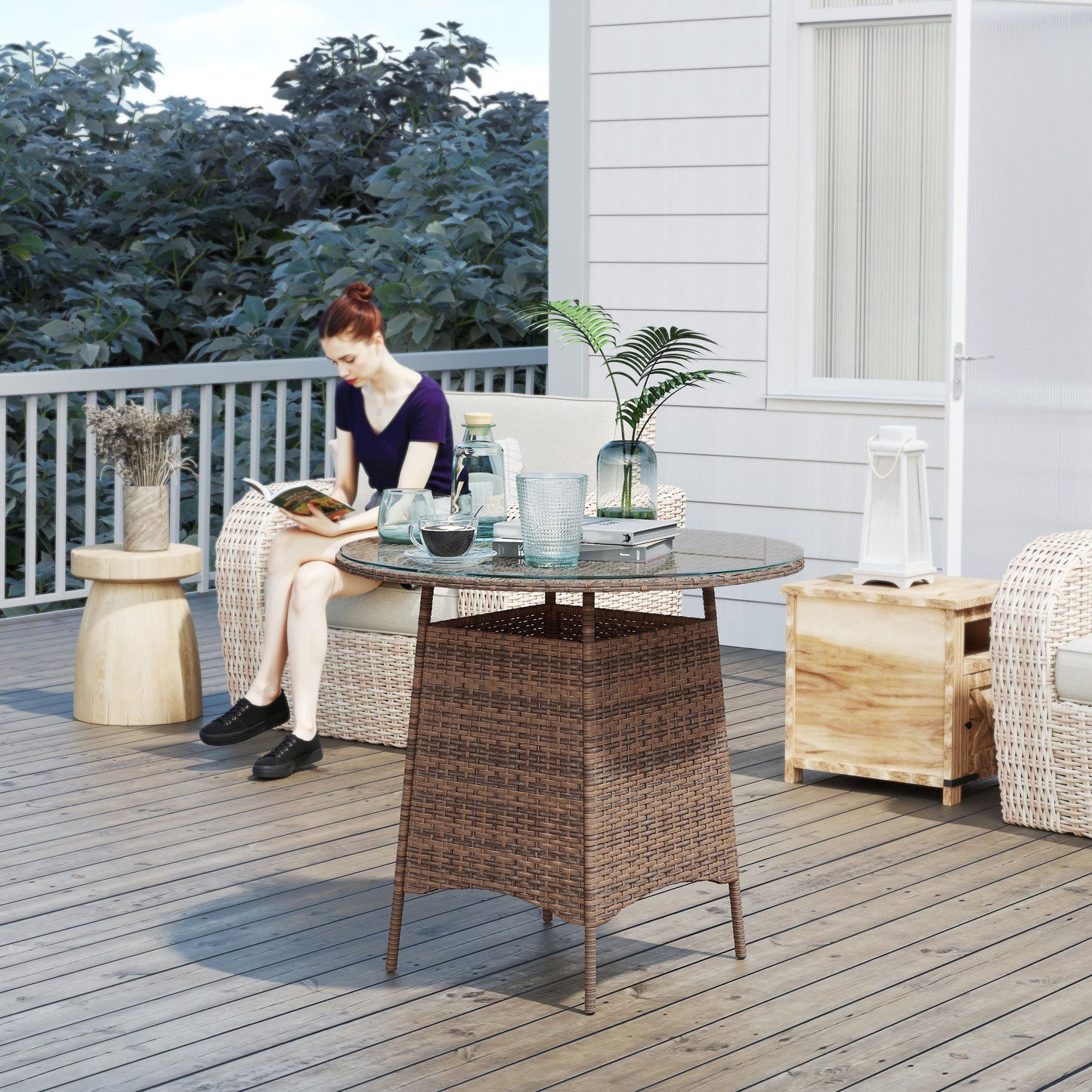 31.5" Outdoor Round Patio Table with Umbrella Hole, Bistro Coffee Table with Tempered Glass Top for Garden, Brown
