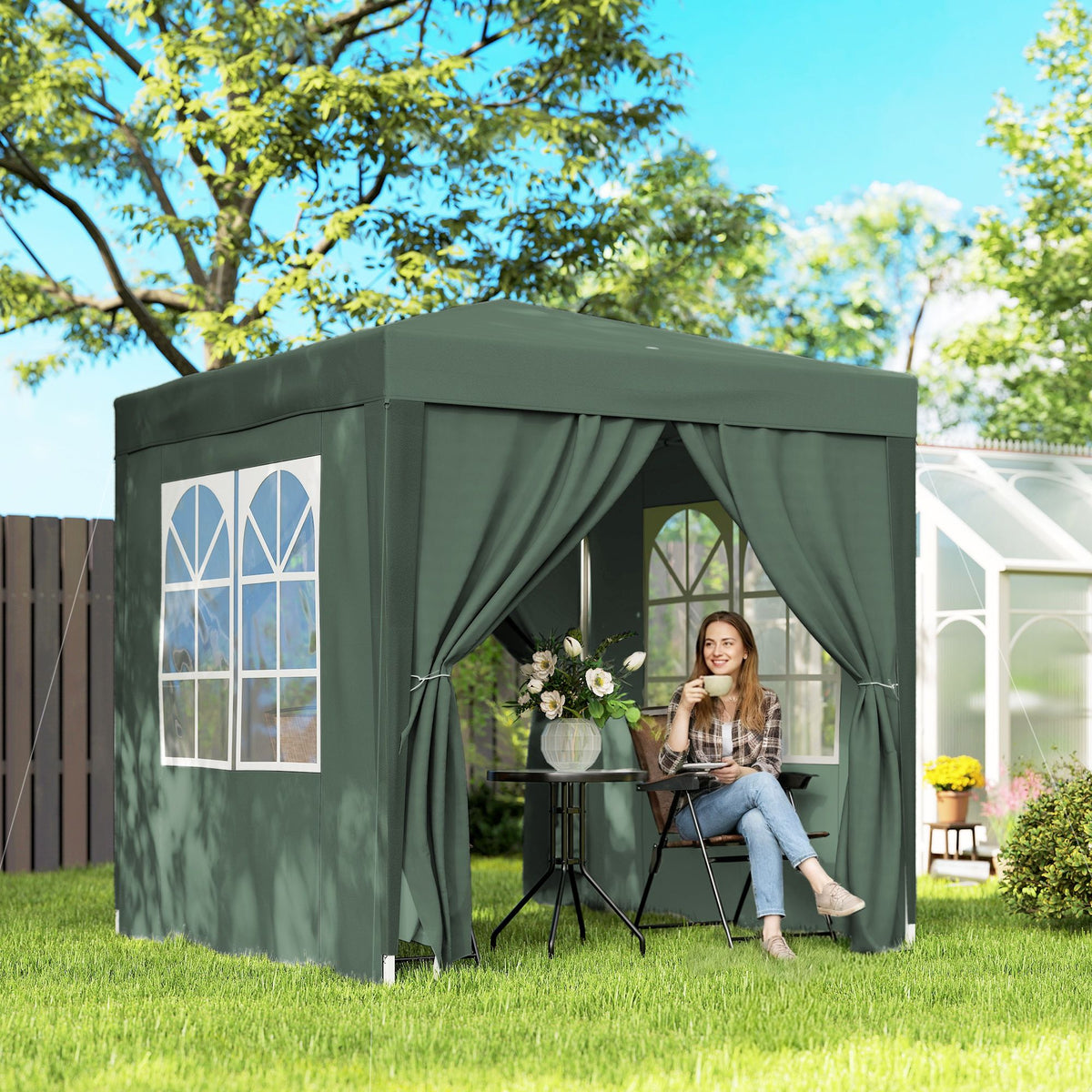 6.6'x6.6' Pop Up Canopy Tent with Sidewalls, Instant Sun Shelter Camping Gazebo with Carry Bag, Dark Green