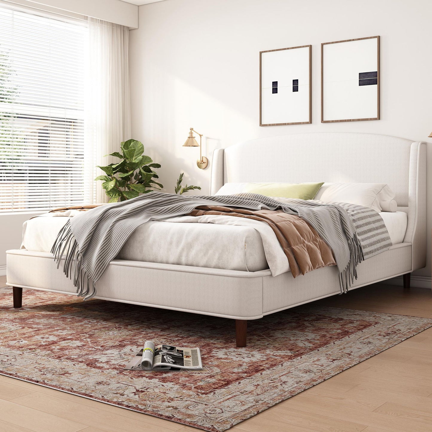 King Size Upholstered Platform Bed with Wingback Headboard, Double Bed with Solid Rubberwood Legs, 87'' L x 79.5'' W x 44.5'' H, White