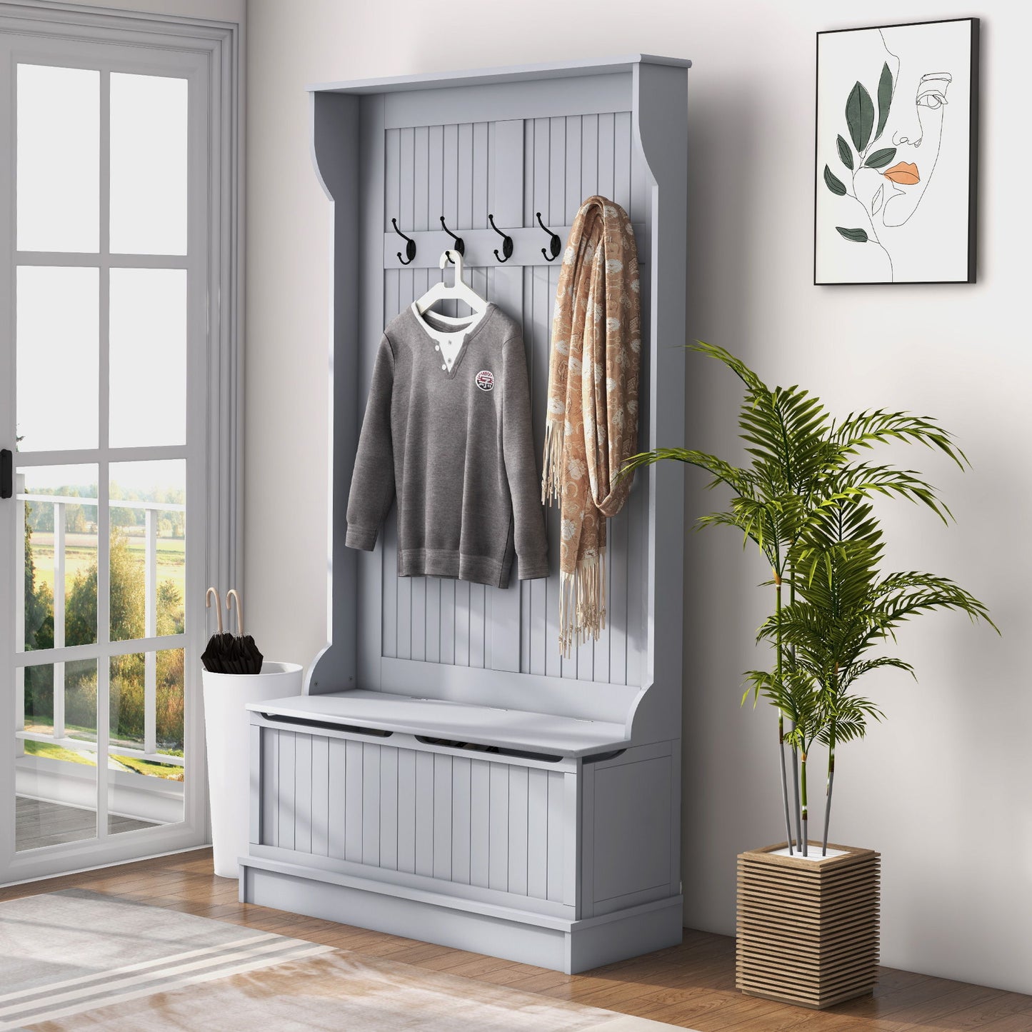 4-In-1 Hall Tree with Coat Rack, Top Shelf, Shoe Storage and Bench Seat, Entryway Bench with 5 Hooks, Grey